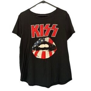 Kiss Black T-Shirt w/American Flag Lips Logo Short Sleeves Womens Large